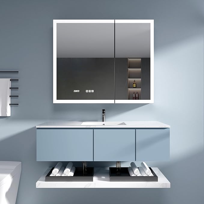 LED Medicine Cabinet Mirror, 36 x 30 Inch Inch Bathroom Storage, Recessed/Wall Mount, Plug-in/Hardwired, 3 Color Dimmable Light, Anti-Fog, Time Temp Display