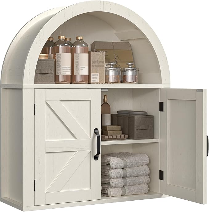 Arched Bathroom Wall Cabinet, Farmhouse Medicine Cabinet with Barn Door and with Adjustable Shelf, 23.6 x 28.7'' Wooden Storage Cabinet Wall Mounted for Bathroom Laundry Room Kitchen, Rustic White