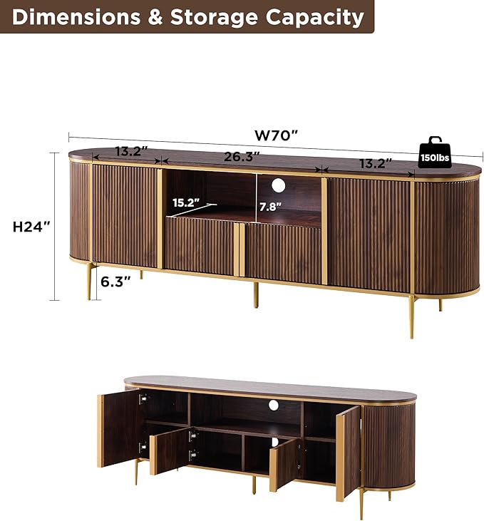 OKD 70" Fluted TV Stand with Storage, Faux Marble Top Entertainment Center for TVs Up to 80", Modern Curved Edge Media Console Cabinet for Living Room, Dark Walnut