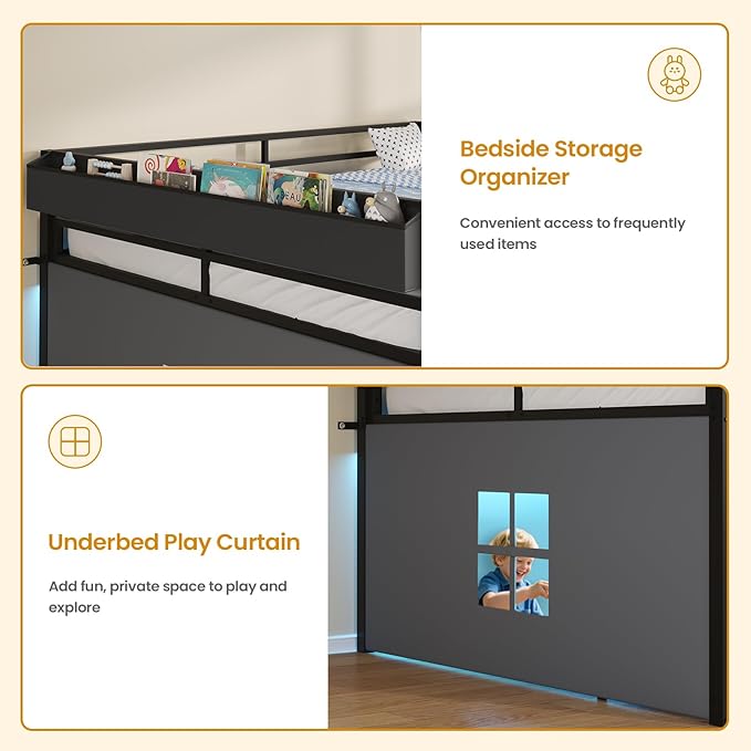 ADORNEVE Low Loft Bed Full Size with 7 Storage Drawers, Bookcase and LED Lights, Metal Kids Loft Bed with 14" H Safety Guardrail,Inclined Ladder and Play Curtain, Under-Bed Play Space, Black