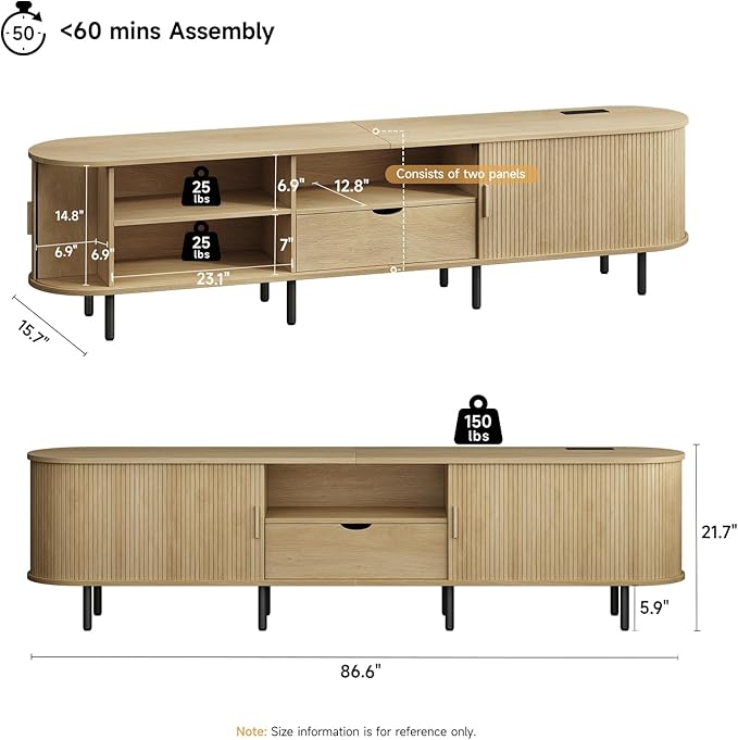 ONBRILL 86.6" TV Stand with Power Outlet for TVs up to 90", Entertainment Center with Storage and Drawer, TV Console with Adjustable Shelves and Sliding Door, TV Stand for Living Room, Bedroom, Oak