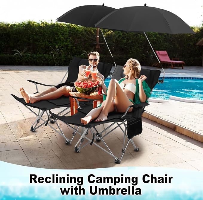 Yuntau 2 Set Reclining Beach Chairs with UPF 50+ Umbrellas Shade, Upgraded Heavy Duty Portable Folding Lounge Camping Chair with Canopy Removable Footrest & Headrest for Outdoor Patio(Black)