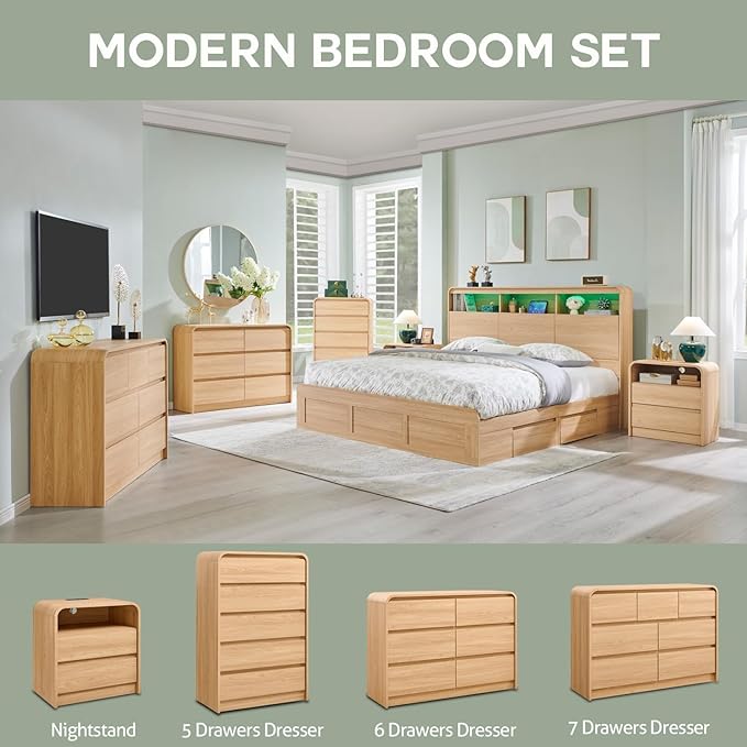 Aitjunz 25" Tall Modern Nightstand with Charging Station, 23.6'' Wide Wood Bedside Table w/2 Storage Drawers, Large Mid Century End Table for Bedroom, Living Room, Curved Profile Design,Natural Oak