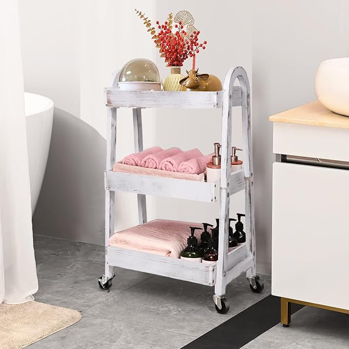 3-Tier Wooden Rolling Cart- Wooden Utility Cart wit Wheels- Utility Rolling Cart-Storage Trolley Organizer- Rolling Kitchen Serving Cart for Office,Kitchen, Kids' Room (Retro White)