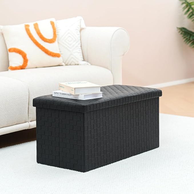 B FSOBEIIALEO Folding Storage Ottoman, Faux Leather Footrest Seat Long Bench Chest, Black 30"x15"x15"