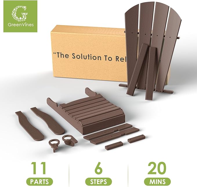 GREENVINES Adirondack-Chairs-with-Ottoman | Set of 2 | Wood Grain | Dark Brown | Folding | Retractable-Footrest | HDPE Plastic | All Weather Fire Pit Chair | Cup Holders | for Outdoor Poolside