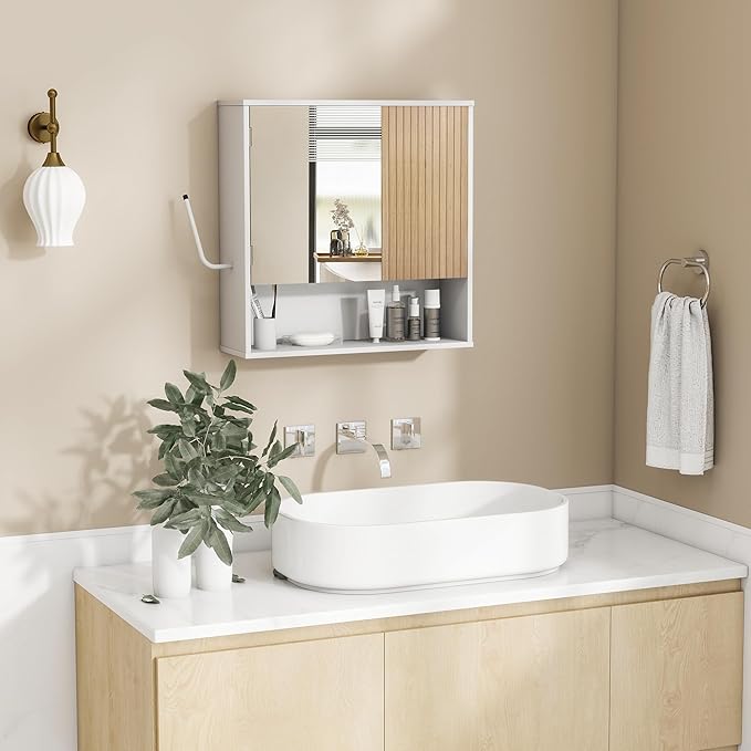 Bathroom Wall Cabinet With Mirror,wall mounted bathroom cabinet,Medicine Cabinet with 2 Door ,Side Hook,Light and Adjustable Shelves,White Cabinet with Wood Grain,Over The Toilet Space Saver Cabinet.