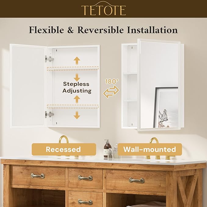 TETOTE Medicine Cabinet 24" x 30" Bathroom Mirror with Storage White Medicine Cabinet with Mirror for Bathroom, Beveled Framed, Adjustable Shelves, Surface Mount or in Wall