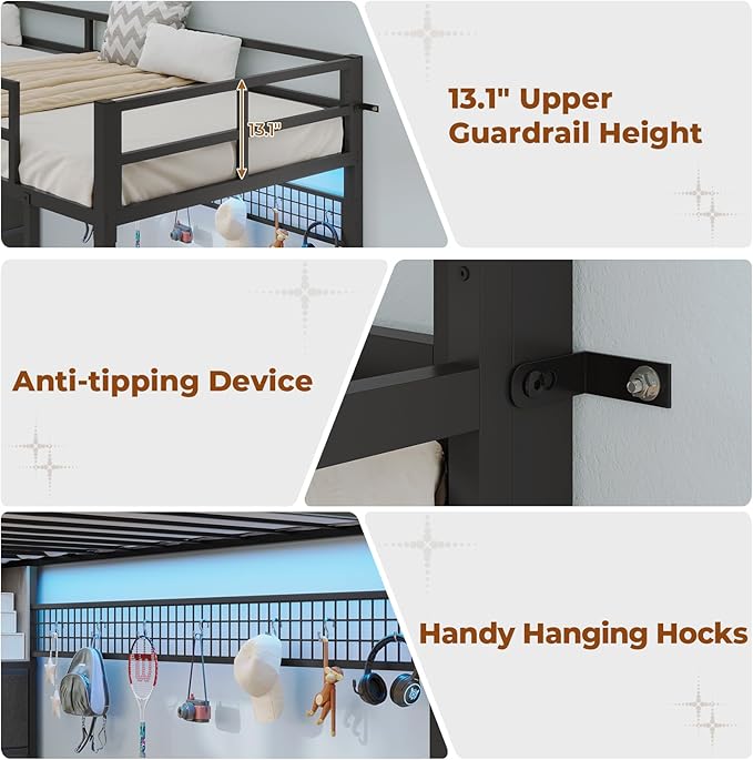 BTHFST Twin Loft Bed with Desk & 8 Storage Drawers Tall Dresser, Black Metal Loft Bed with LED Lights & Charging Station, 2-Tier Storage Shelves, Stable & Sturdy, Noise Free, Space Saving, Grey