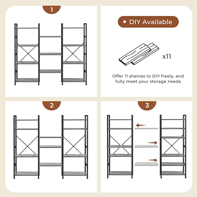SUPERJARE Triple Bookshelf, Bookcase with 11 Open Display Shelves, Wide Book Shelf Book Case for Home & Office, 4 Tier, Grey