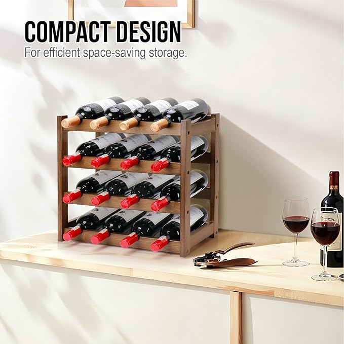 Bamboo Wine Rack, 4-Tier 16 Bottles Wine Storage Cabinet Shelf, Easy-Assembly Freestanding Bamboo Wine Racks Countertop for Kitchen Pantry Dining Room Bar, Walnut