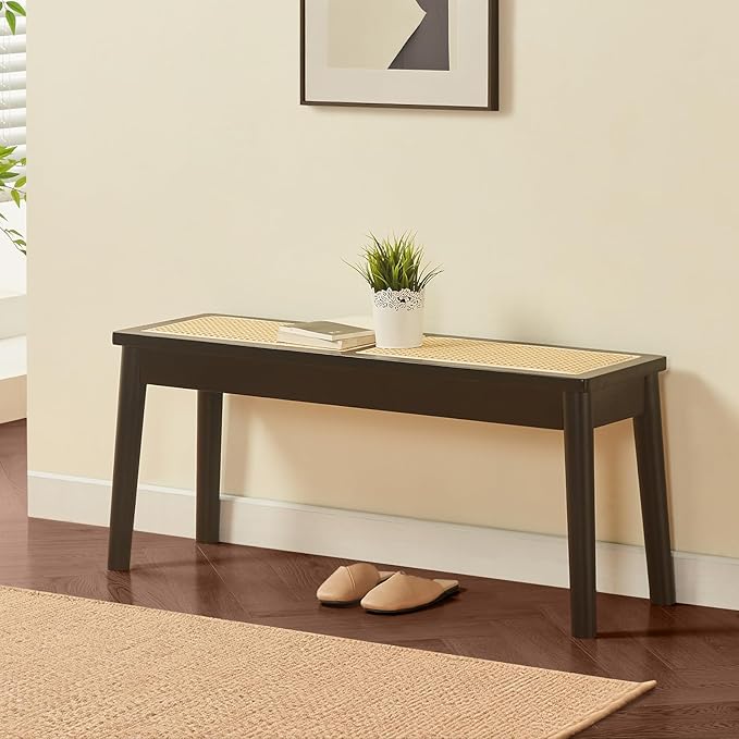 40" Wooden Dining Bench with Hand Woven Rattan Seat,Solid Wood Bench for Entryway,Living Room,Kitchen and Bedroom(Black,18" H
