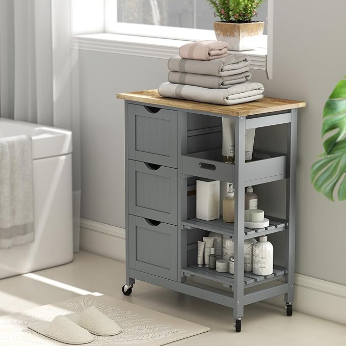 HOMCOM Rolling Kitchen Island Cart, Bar Serving Cart, Compact Trolley on Wheels with Wood Top, Shelves & Drawers for Home Dining Area, Gray
