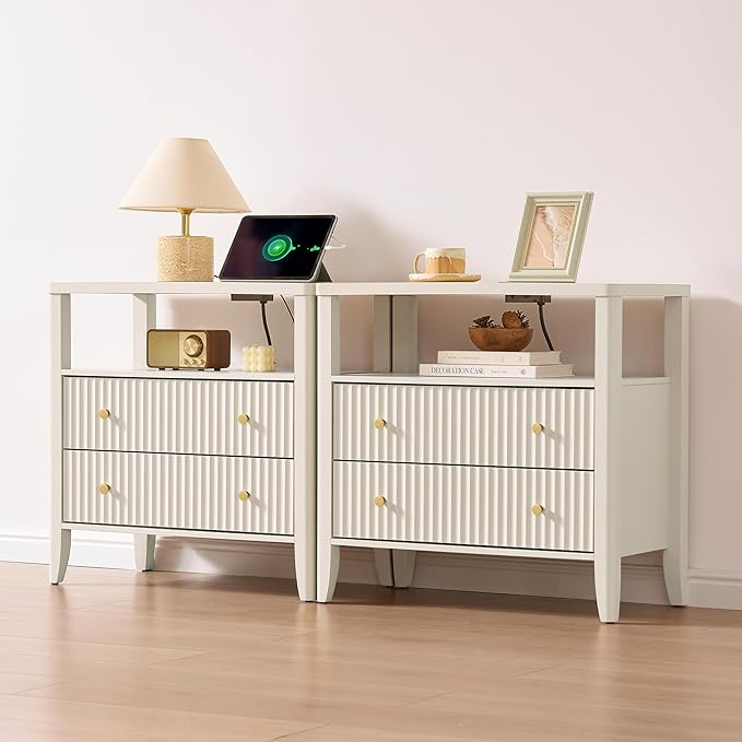 Fluted Nightstand with Charging Station, 27.3" Wide Modern Bedside Table with 2 Drawers & Open Shelf, Large Wood End Table with Storage & Metal Handle for Bedroom, Living Room, Cream White