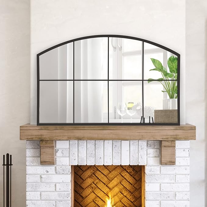 WAMIRRO Wide Window Pane Black Mirror,Farmhouse Arched Wall Mirrors,Grid Mirrors for Fireplace/Entryway/Hallway/Living Room,28“X42” (Black Wide Mirror)