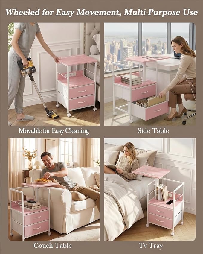 Faesun Swivel Lift Top Nightstand with Charging Station, Rolling Side Table for Recliner, Bedside Table with Wheels & 2 Fabric Drawers, for Small Spaces, for Bedroom, Living Room, Pink