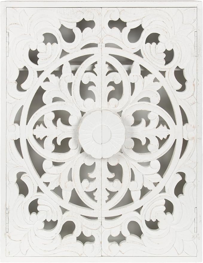 Kate and Laurel Saanvi Traditional Carved Wood Floating Bathroom Wall Cabinet, 22 x 7 x 28, White, Dimensional Over the Toilet Storage Cabinet for Use as Bathroom Storage or Entryway Decor and Display