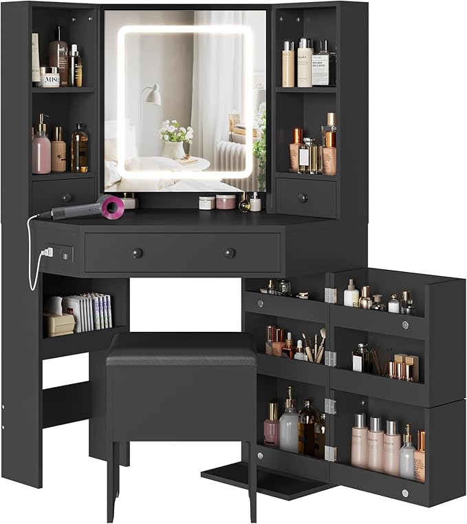 BTHFST Corner Vanity Desk with Lighted Mirror, Makeup Vanity with Lights and Charging Station, Vanity Set with Mirror and Storage Stool, Makeup Table with Drawers, Rotating Shelves, Black