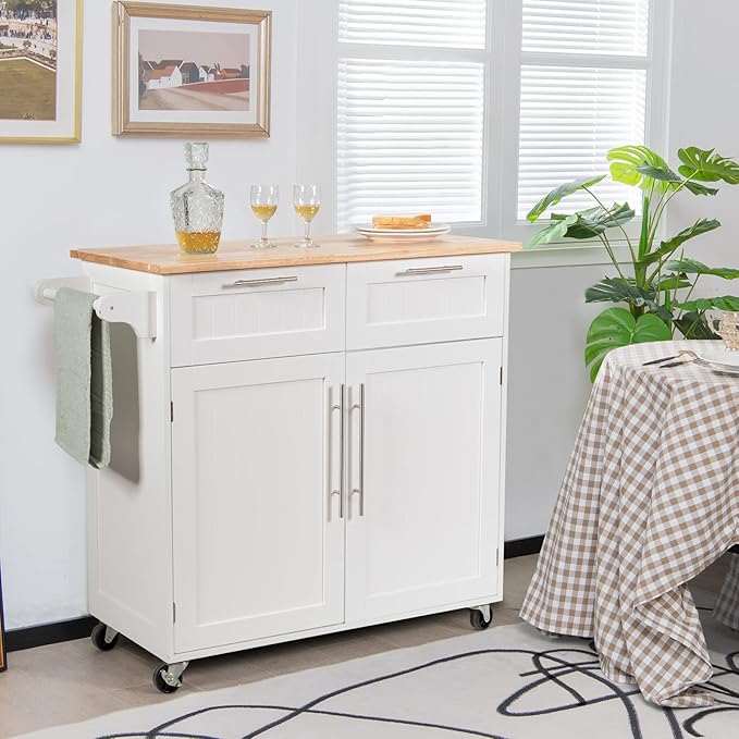 COSTWAY Kitchen Island on Wheels, Kitchen Cart with Side Towel Bar, 2 Drawers, 2 Door Cabinet, Rolling Storage Trolley Cart with Rubber Wood Top & Lockable Casters (White)