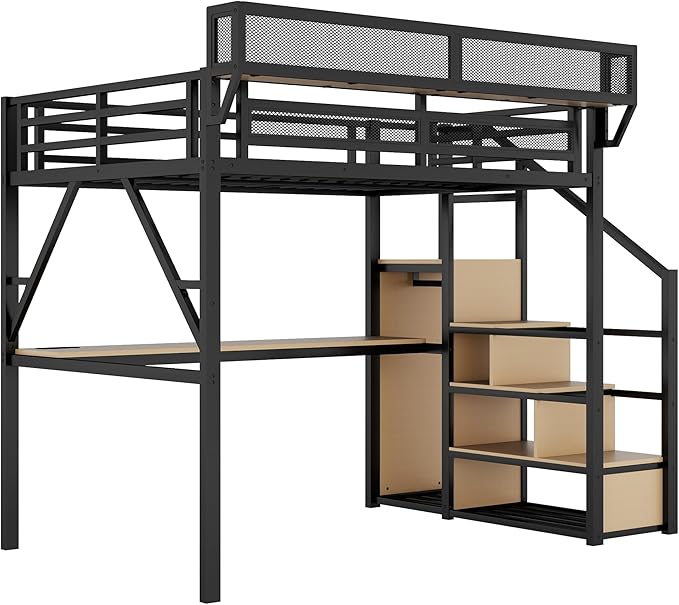 Mirightone Full Loft Bed with Desk and RGB Light, Metal Loft Bed Frame with Stairs and Bedside Shelf, Heavy-Duty Lofts Beds with Storage Shelves and Wardrobe for Kids Teens, Black