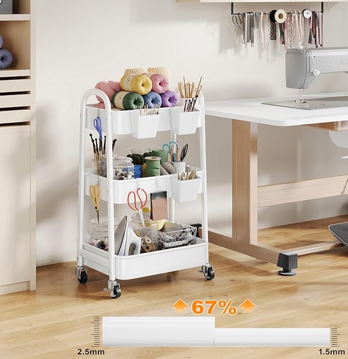 3 Tier Rolling Cart Metal with Wheels, Heavy Duty White Three Tiered Craft Cart Organizer on Wheels, Utility Roller Storage Carts for Art, Baby Nursery, Diaper Caddy, Snack,Book,Nail,Cleaning Supplies