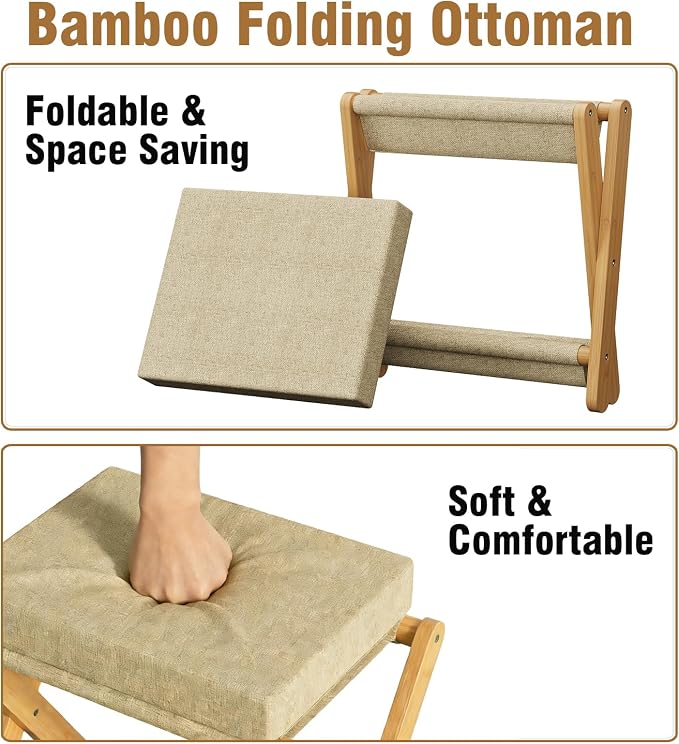 Trironsun Foldable Bamboo Foot Stool Ottoman Double-Layer X Legs Folding Footrest with Padded Cushion Small Upholstered Ottoman for Bedroom Living Room Vanity or Couch (Natural Bamboo)