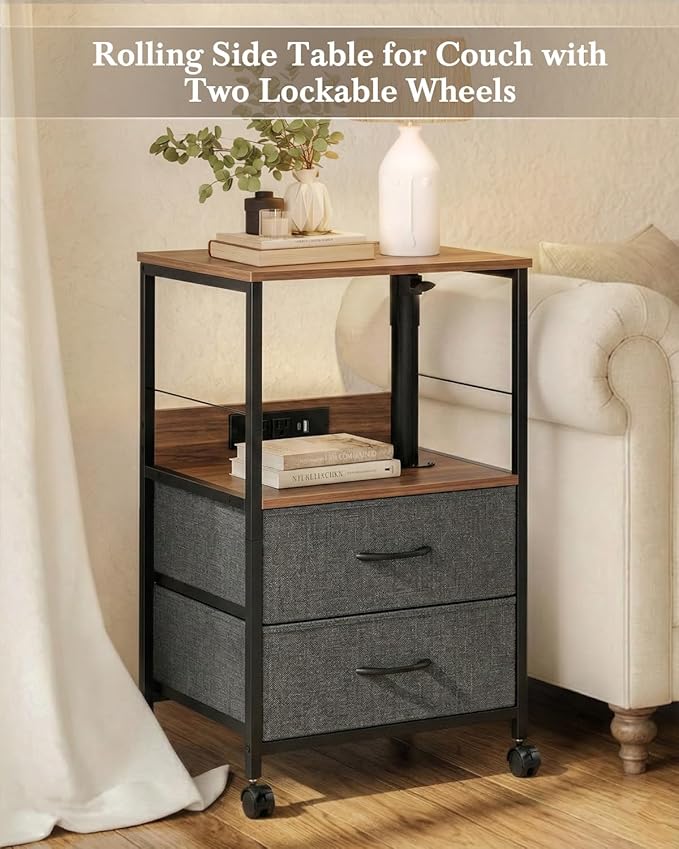 Faesun Swivel Lift Top Nightstand with Charging Station, Rolling Side Table for Recliner, Bedside Table with Wheels & 2 Fabric Drawers, for Small Spaces, for Bedroom, Living Room, Walnut Gray