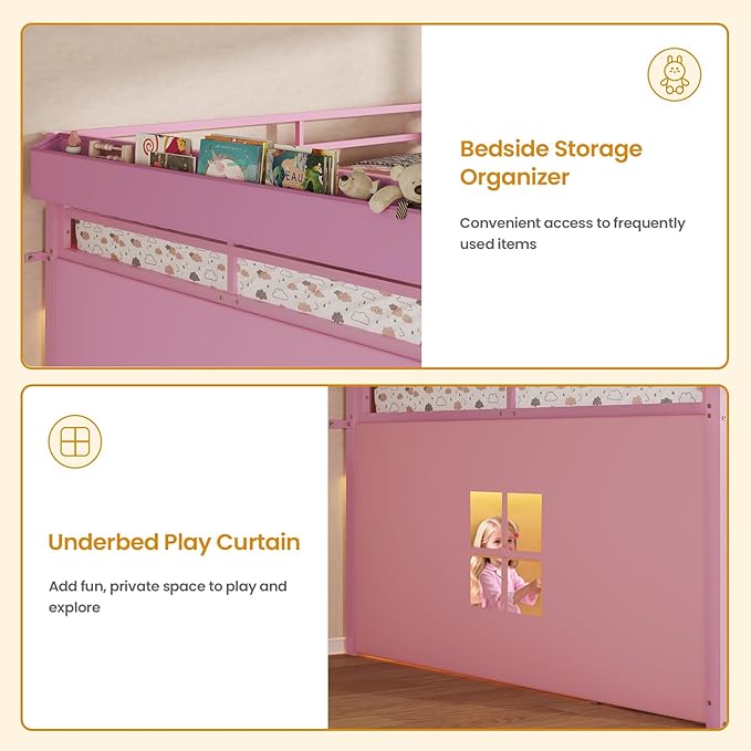 ADORNEVE Low Loft Bed Full Size with 7 Storage Drawers, Bookcase and LED Lights, Metal Kids Loft Bed with 14" H Safety Guardrail,Inclined Ladder and Play Curtain, Under-Bed Play Space, Pink
