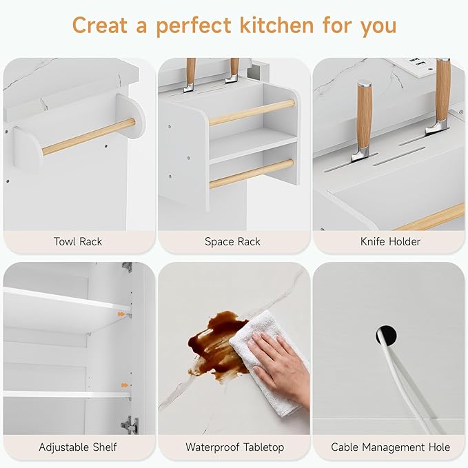 60" Kitchen Island with Power Outlet & Drop Leaf, Kitchen Rolling Island with Spice Rack & Towel Rack, Knife Holder, Kitchen Island Cart with Trash Storage Cabinet, Mobile Island Table for Kitchen