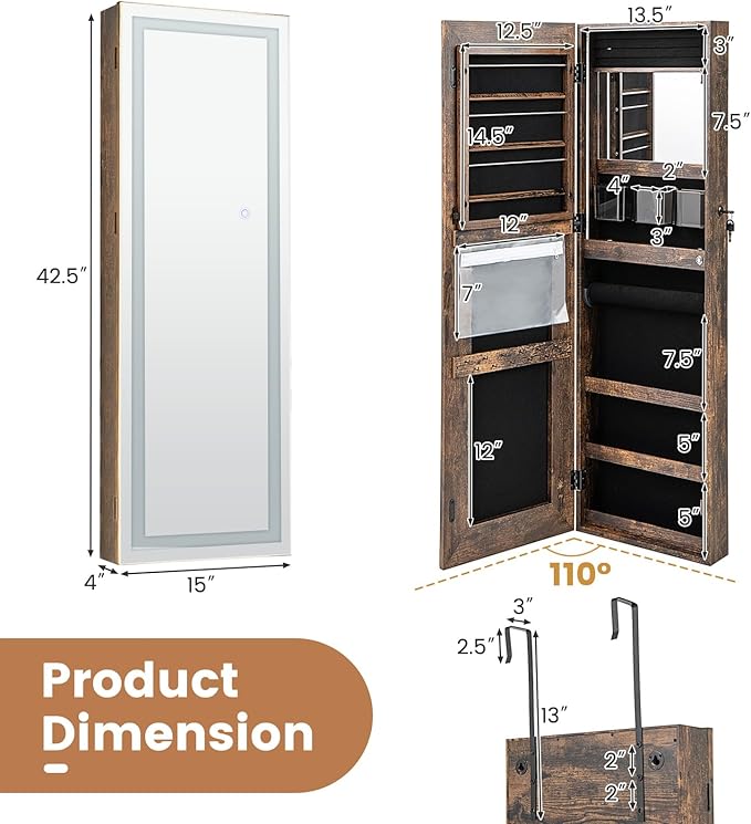 CHARMAID LED Mirror Jewelry Cabinet, Lockable Jewelry Armoire with Adjustable Lighted Full Length Mirror, 3 Lighting Sets, Wall Mounted Door Hanging Jewelry Storage Organizer (Rustic Brown, 42.5''H)