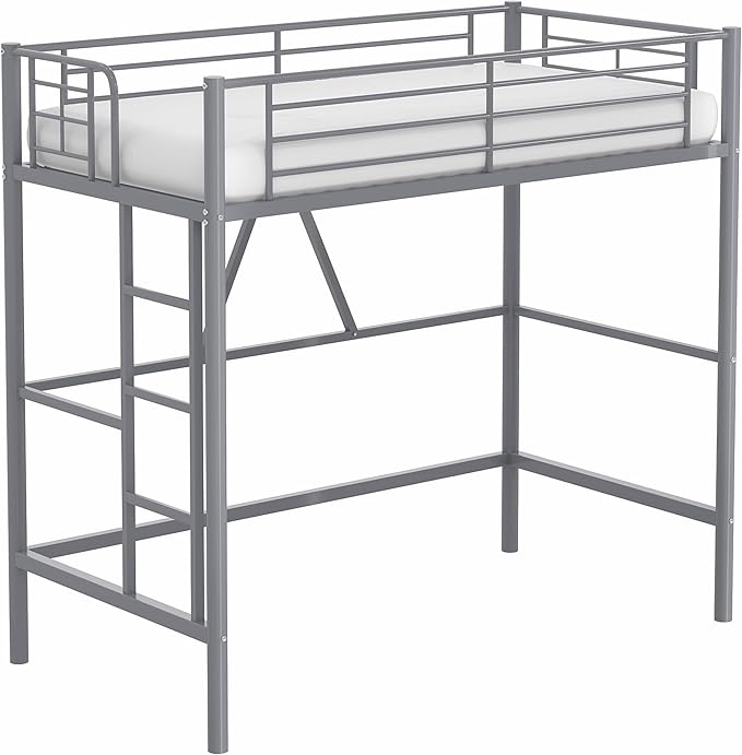 VECELO Loft Bed Twin Size, Metal Bedframe with Removable Ladder and Safety Guardrail, No Box Spring Needed, Space Saving, Noise Free, Light Grey