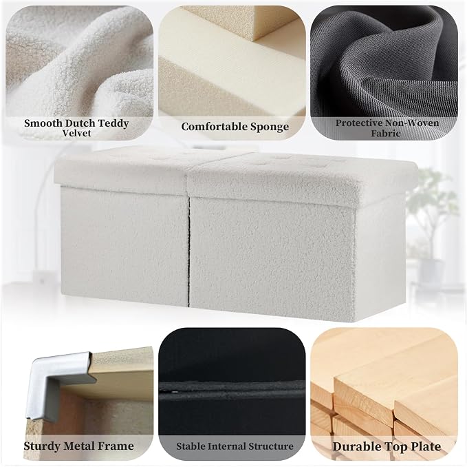 Bsketa Storage Ottoman Bench with Folding Lid Ⅲ, Foot Stools Opens on Both Ends, Footrest Foldable Teddy Velvet Chest for Living Room, Bedroom, Entryway, End of Bed Storage Blanket Ottomans White