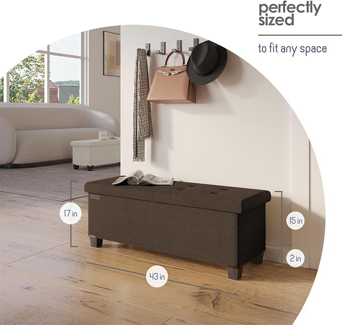 Storage Ottoman Bench with Bins, 43-in Storage Bench for Bedroom End of Bed, Folding Foot Rest Ottoman for Living Room Max 660lbs, Fabric Ottomans, Brown
