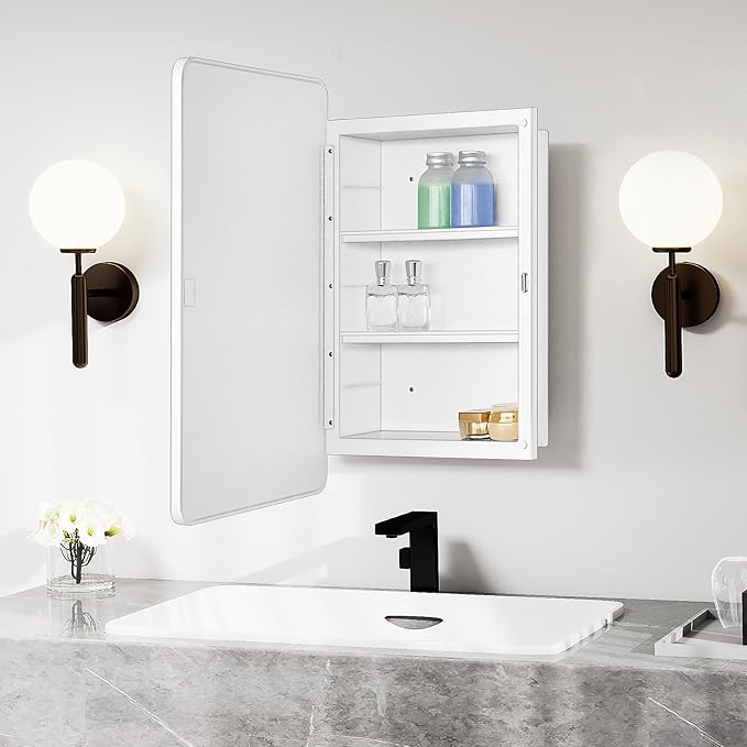 Fundin White Plastic Medicine Cabinet, Mirror Door with Round Corner Metal Frame, Recessed and Surface Mount Bathroom Wall Medicine Cabinet, 16 x 24 inch Mirror Size