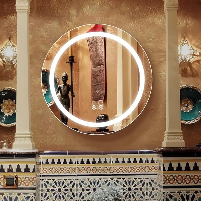 26inch Round Medicine Cabinet with Lights,Led Medicine Cabinet with Defogger,Illuminated Mirror Cabinet for Bathroom,Dimmable,Anti-Fog,3 Colors,Surface Mount only,Gold