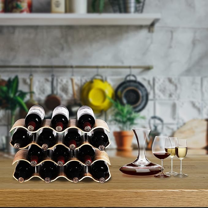 Countertop Wine Rack - 14 Bottle Freestanding Wine Bottle Holder Stand - 4 Tier Wooden Wine Storage Rack - Wavy Wine Organizer for Cabinet Pantry Home Kitchen Bar