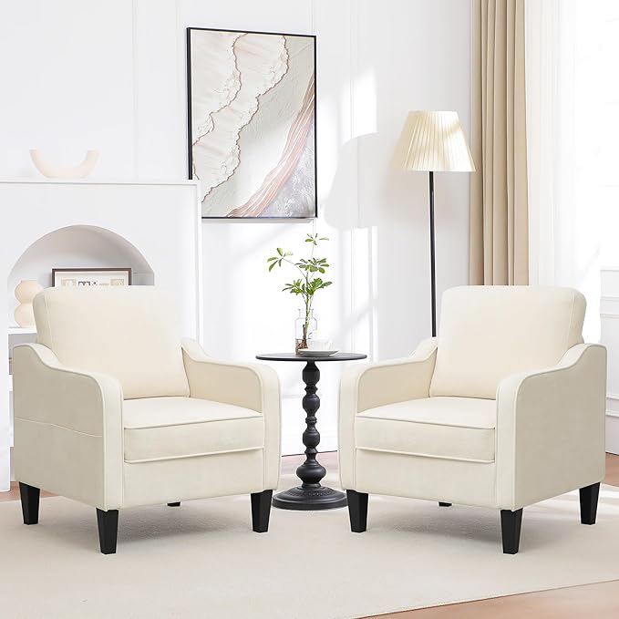 Accent Chair for Living Room, Mid Century Modern Reading Chair for Bedroom, Upholstered Armchair with Side Pockets, Comfy Single Sofa Side Chair for Office, Apartment, Small Room, Beige
