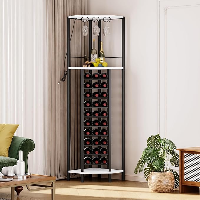 Homeiju Corner Wine Rack with Glass Holder and Led Strip Light, Corner Bar Wine Racks Freestanding Floor, Industrial Corner Bar Cabinet for Kitchen, Dining Room, Living Room or Cellar