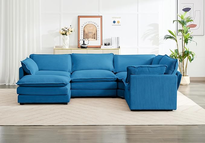 ROWHY 113'' Modular Sectional Cloud Couch, 5 Seater Corner Sofa Big Comfy Corduroy Oversized L Shaped Couch with 2 Pillows, Chaise, Ottoman, Deep Seat Sectional Couches for Living Room Office, Blue