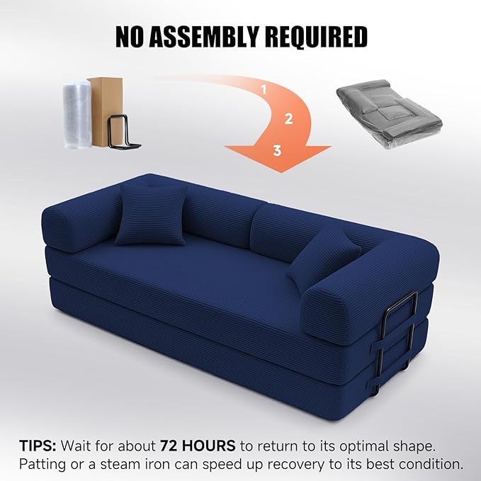 79" Compressed Sofa, Convertible Sofa Bed, Corduroy Compression Boneless Couch with Pillow, Comfy Modular Foldable Floor Sleeper Sofa for Bedroom, Living Room, Lounge, Studio (Dark Blue)