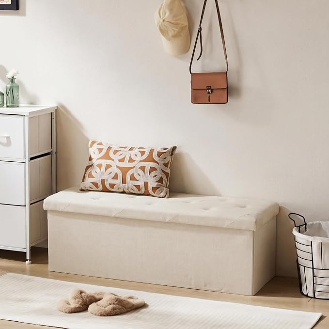 Sweetcrispy 43 Inch Folding Storage Ottoman Bench, Large Hidden Storage Chest with Padded Seat, Foot Rest Stool Supports Up to 660Lbs, End of Bed Bench for Bedroom, Living Room, Linen Fabric, Beige