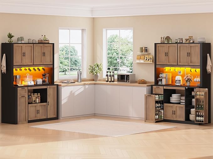 Itaar 71" Pantry Cabinet with Charging Station and LED Light, Kitchen Pantry Cabinet with Microwave Stand, 47.2" Wide Kitchen Storage Cabinets with Storage Cart 3 Tier for Dining Room,Brown