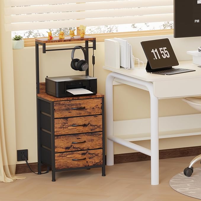Furnulem Night Stand with Charger Station, 38'' Tall Nightstand with 4 Fabric Drawers and LED Lights, Bedside Table with Storage Shelf for Bedroom, Office, Metal Frame, Wood Shelves, Rustic Brown | with Charging Station