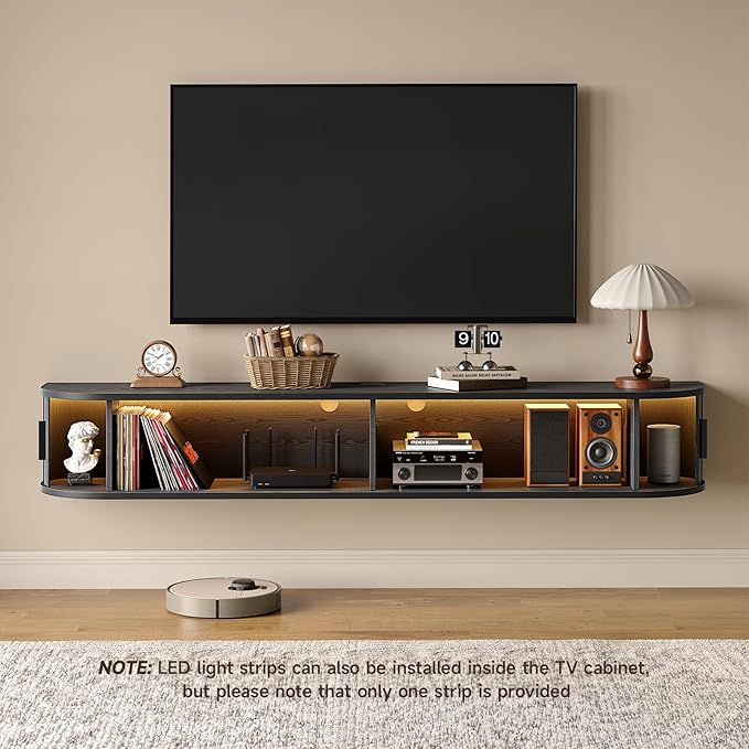 63" Floating TV Stand with Power Outlet for TVs up to 75", Fluted Entertainment Center with Remote Control for LED Lights, Mid-Century Modern TV Console w/Sliding Door for Living Room, Bedroom Black