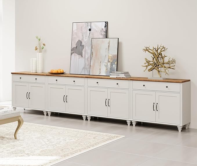 WAMAPT Buffet Cabinet with 8 Doors and 4 Drawers, Large Coffee Bar Table Wood Kitchen Storage Cabinets, Modern Farmhouse Sideboard Credenza for Dining Room, Off White