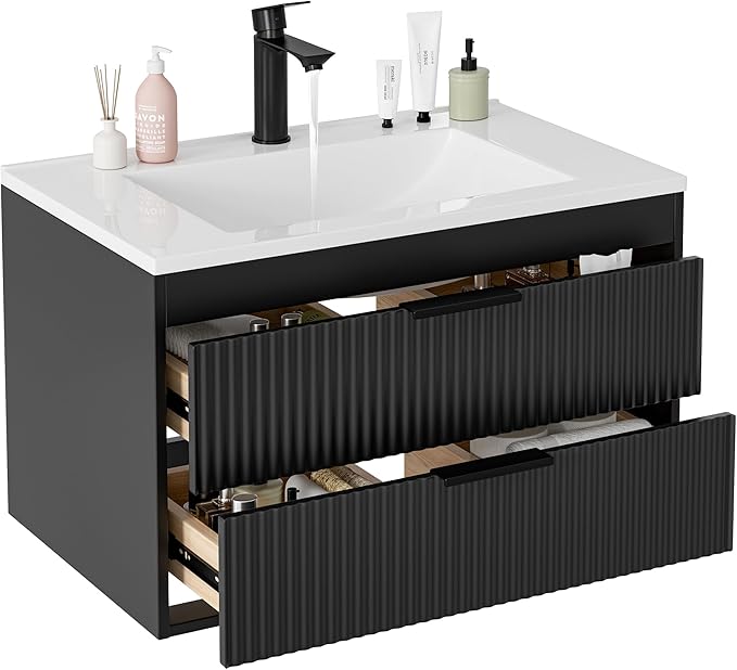 30 Inches Modern MDF Bathroom Vanity with Sink, Wall Mounted Floating Cabinets w/Double Drawers, Black Handles, White Resin Sink Combo Set (Black, 30")