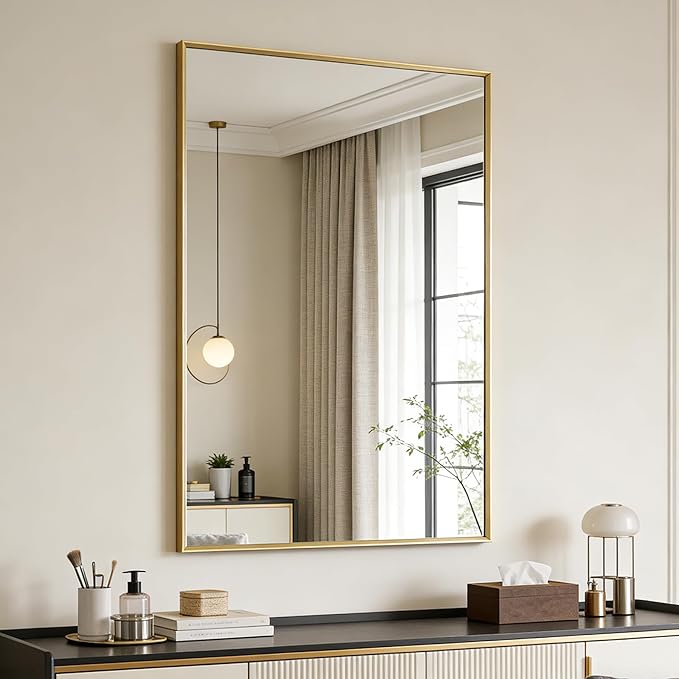 Bathroom Mirror for Wall, 36x24 Inch Metal Framed Mirror, Brushed Gold Rectangle Mirror, Bathroom Vanity Mirror Farmhouse, Tempered Glass, Anti-Rust, Hangs Horizontally or Vertically