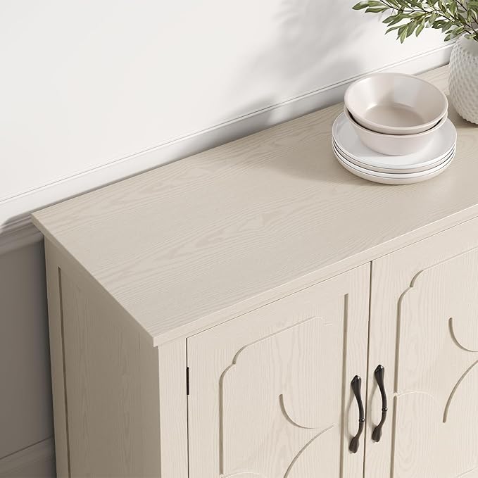 ONBRILL 63 Inch Buffet Cabinet with Storage, Large Sideboard Cabinet with 4 Carved Doors, Modern Credenza Storage Cabinets w/Adjustable Shelves for Kitchen, Living Room, Off White