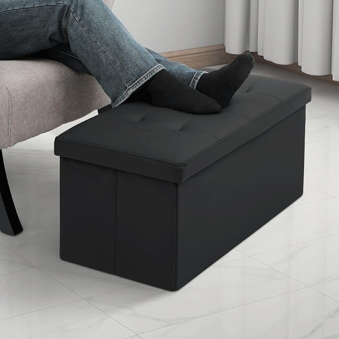 MoNiBloom 30 Inch Storage Ottoman Bench, 24 Gal. Folding Ottoman Footrest, End of Bed Bench, Rectangle Foot Stool, Supports 600 lbs, for Bedroom, Living Room, Entryway, Hallway, Black