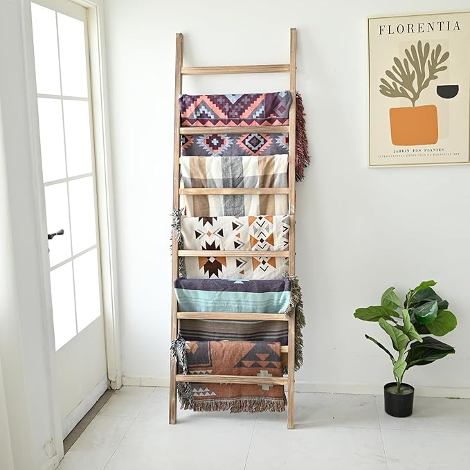 FUIN 6.4ft Extra Wide Wooden Blanket Ladder Living Room Decorative Wal Leaning Farmhouse Quilt Display Holder Rustic Wood Towel Rack for Bathroom, Burnt Brown, 24 inch Wide with 11 Rungs